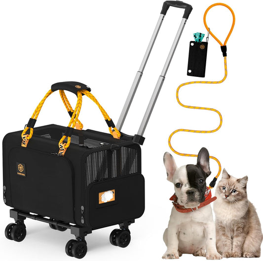 PAWZIDEA Pet Carrier with Wheels, 18x11x11 TSA Airline Approved Cat Carrier for 2 Cats Under Seat, Expandable Soft-Sided Rolling Dog Carriers for Small Dogs Travel Bag with Telescopic Handle, Black