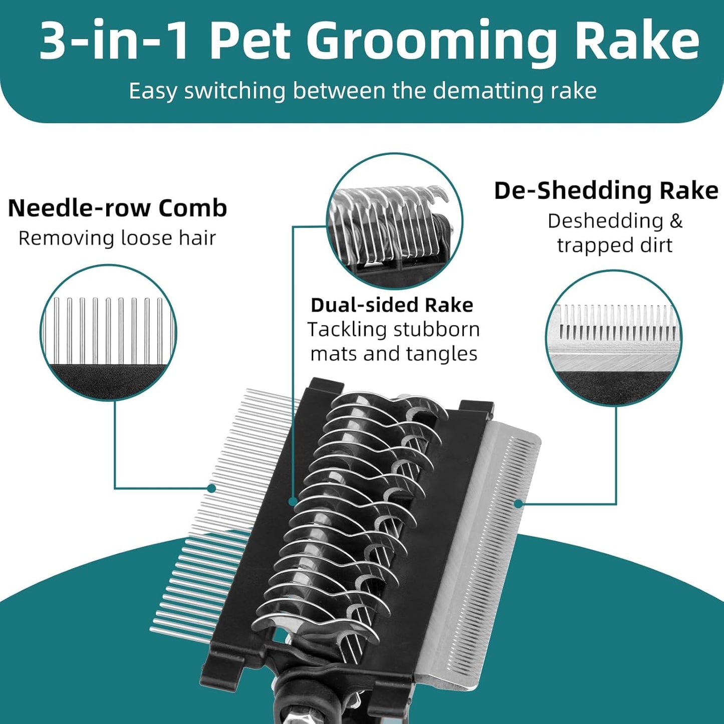 3-IN-1 Pet Grooming Tool - Undercoat Rake, Dematting Comb & Deshedding Brush for Cats & Dogs - Removes Mats, Tangles & Loose Fur, Reduces Shedding & Prevents Hair Mess (Blue)
