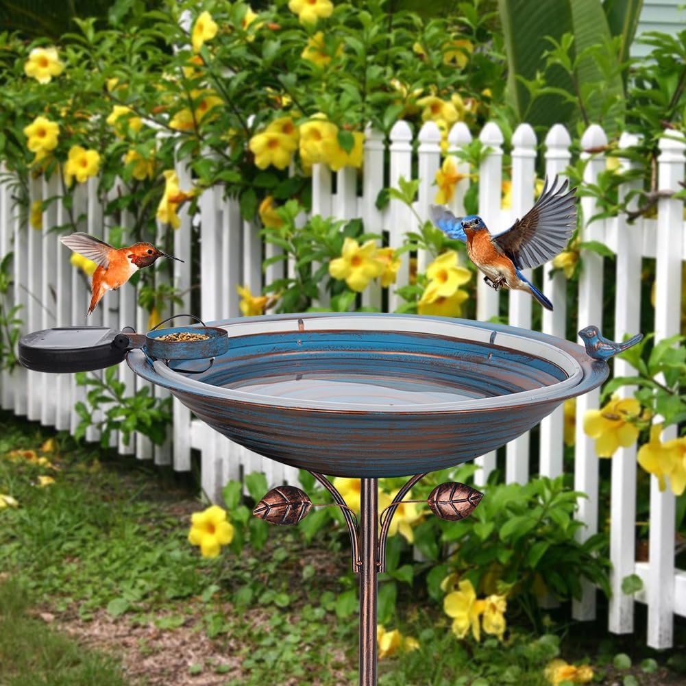 Metal Bird Bath with Stake, Large Standing Birdbath with Solar Light, 39" Tall Bird Bath & Feeder with 15" Bowl & Decorative Cast Iron Bird for Outside Garden Patio Yard Decor