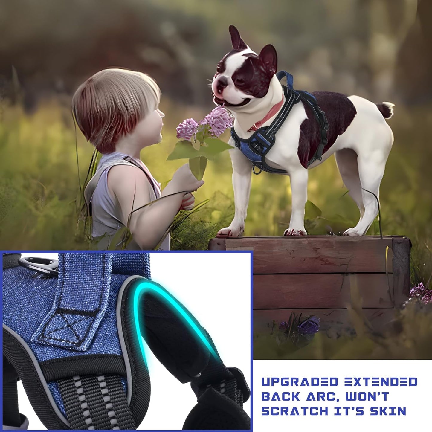 BUMBIN Dog Harness for Large Dogs, No Pull Adjustable No Choke Pet Vest with Dog Leash Fit Smart Reflective Pet Walking Harness for Training Easy Control Soft Handle Denim Blue M