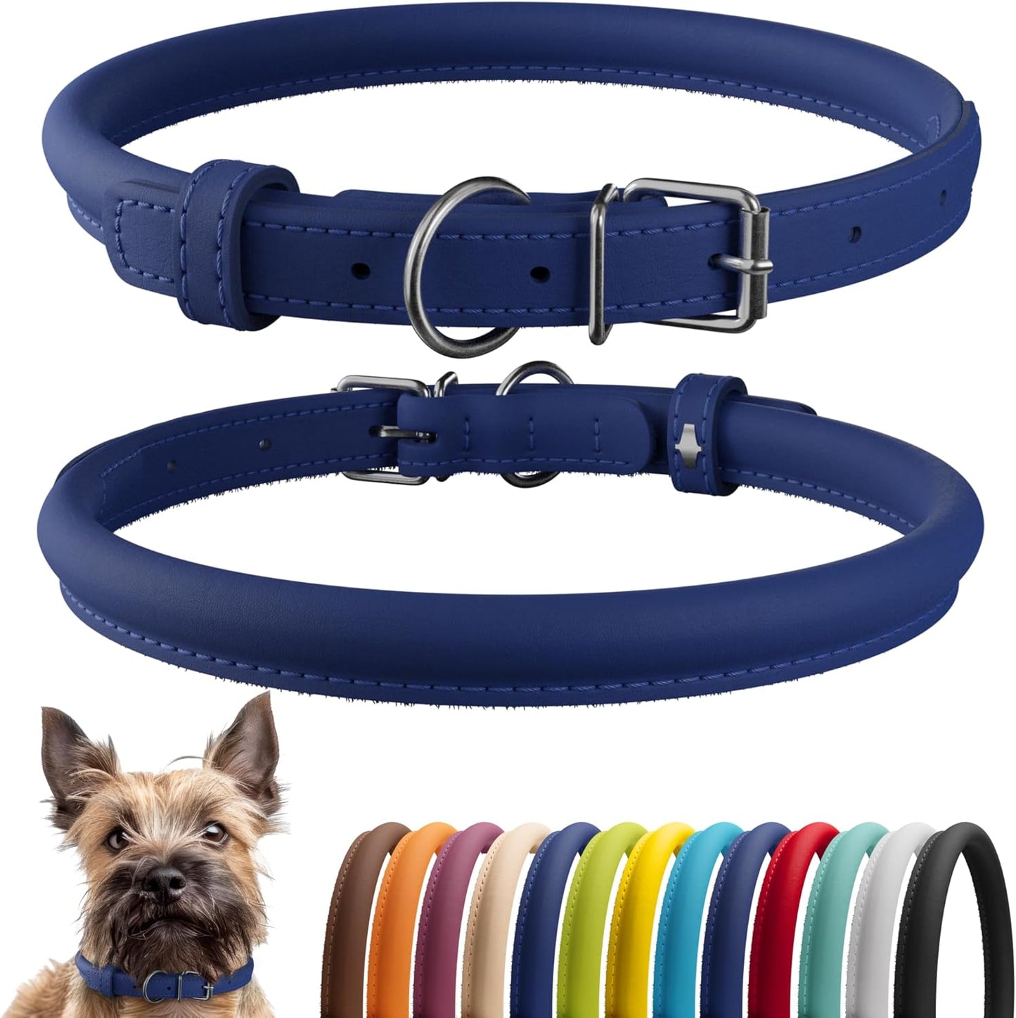 CollarDirect Rolled Leather Dog Collar, Soft Padded Round Puppy Collar, Handmade Genuine Leather Collar Dog Small Large Cat Collars 13 Colors (8-11 Inch, Deep Blue Smooth)