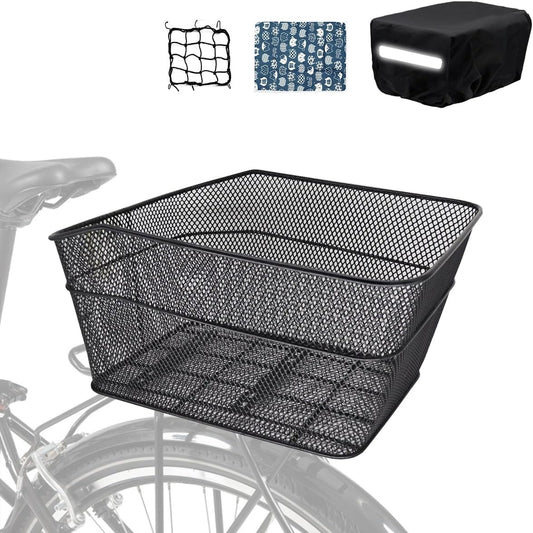 Rear Bike Basket, Tool-Free Install, Dog/Pet Carrier, Ebike Electric Bicycle Back Cargo Basket, Fits Most Rear Racks, with Waterproof Cover, Cargo Net
