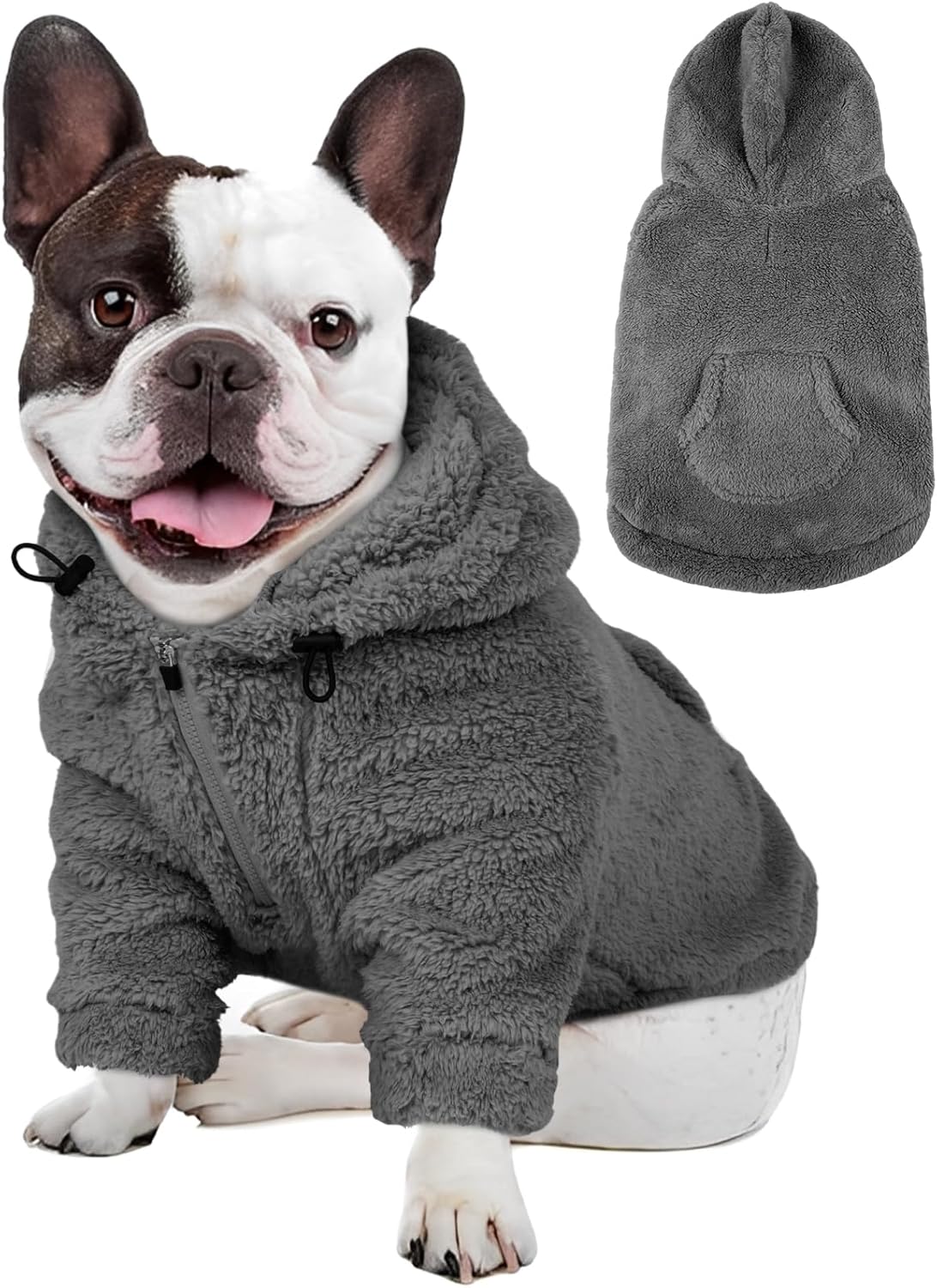 IDOMIK Fuzzy Dog Sweater with Adjustable Hood, Warm Fleece Dog Sweater Hoodie with Harness Hole & Pocket, Pullover Sweaters for Medium Dogs, Fuzzy Hooded Sweatshirt for Fall Winter Christmas,Grey,M