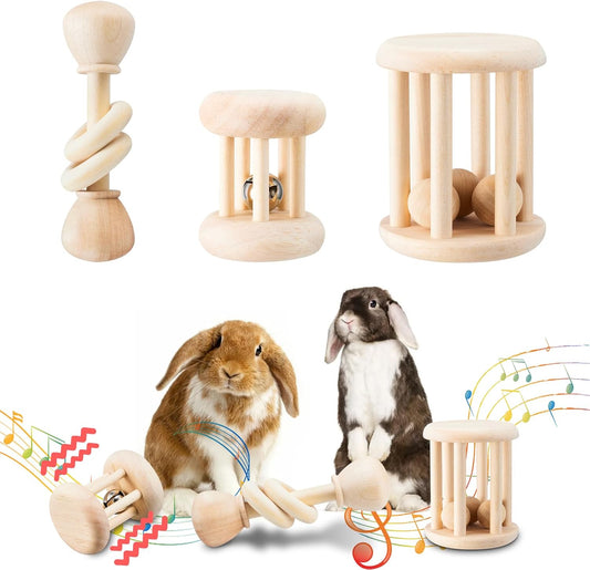 3 Pcs Wooden Bunny Toys - Safe Rabbit & Guinea Pigs Teeth Grinding Toys for Chinchillas, Hamsters & Small Animals - Indoor & Outdoor