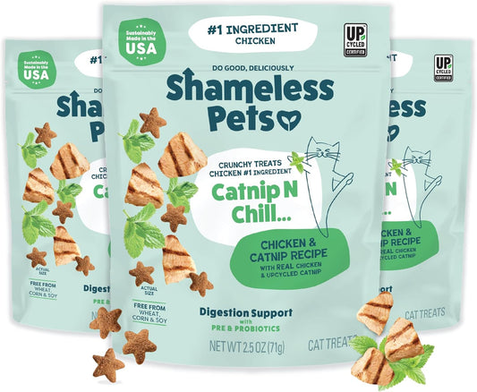 Shameless Pets Crunchy Cat Treats - Catnip Treats for Cats with Digestive Support, Natural Ingredients Kitten Treats with Real Chicken, Healthy Flavored Feline Snacks - Catnip N Chill, 3-Pk