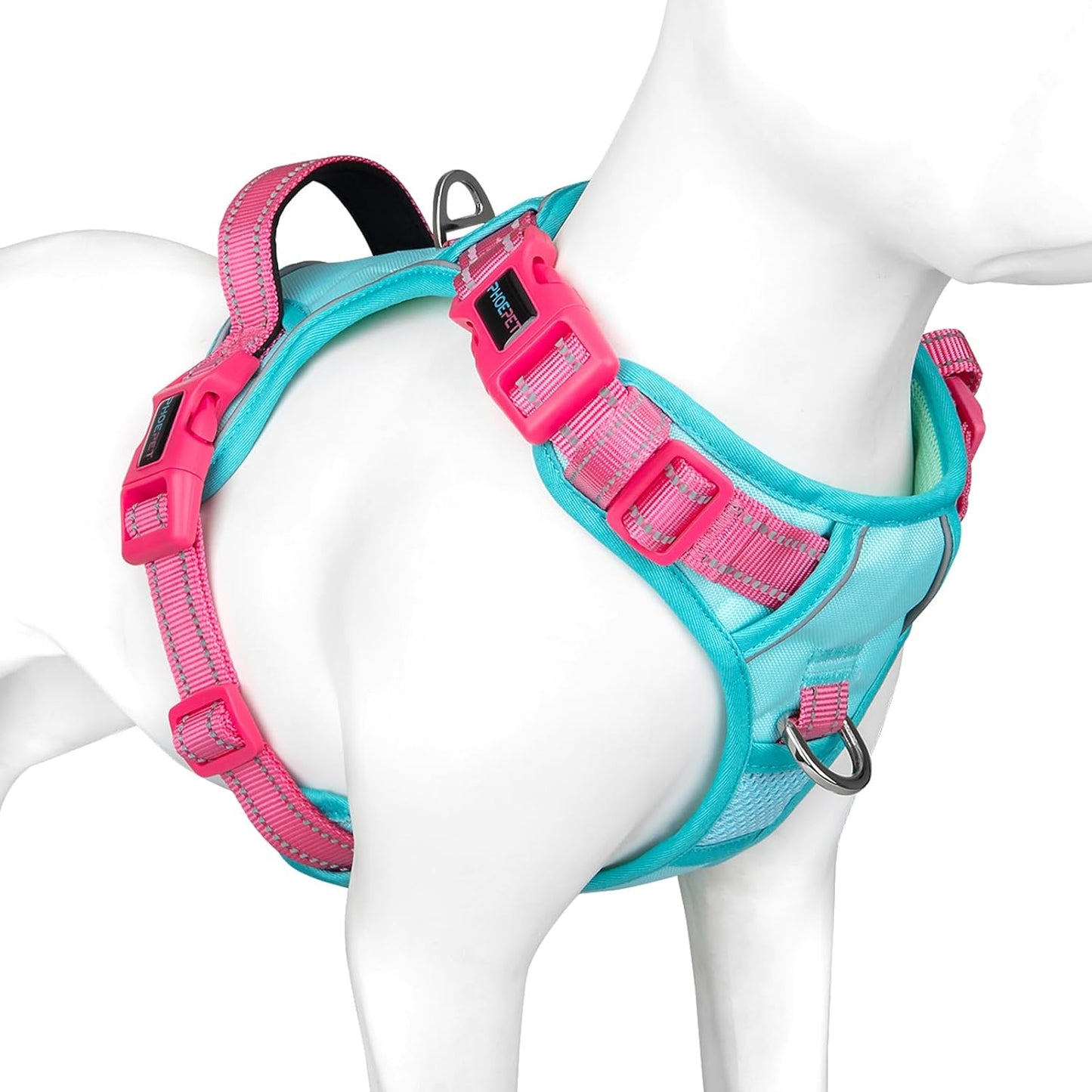 PHOEPET No Pull Dog Harness, Unique Colors Reflective Adjustable Dog Vest, with Soft Training Handle Metal Clips for Small Medium Large Dogs (Mint Green Base & Pink Straps,M)