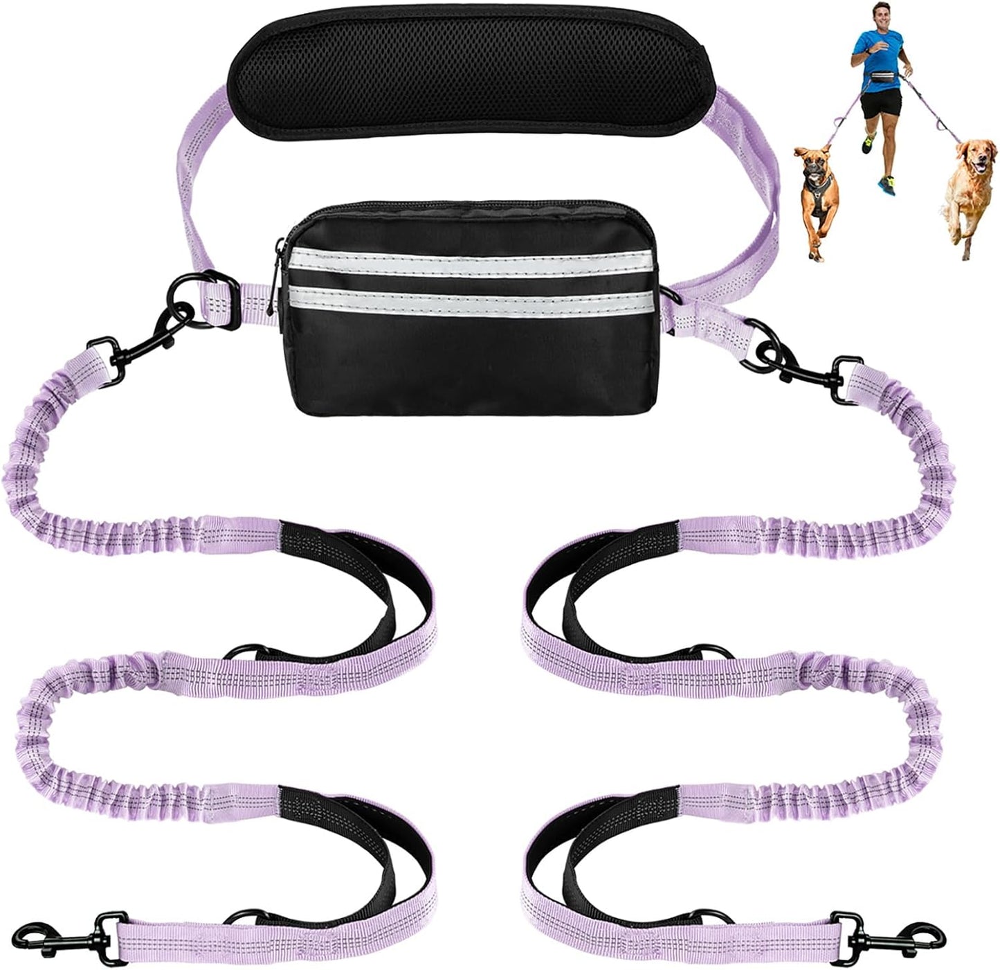 Hands Free Dog Leash with Pouch, Double Leash for Two Dogs, Retractable Bungee with Double Padded Handles, Dog Waist Leash for Dog Walking, Running Leash for Dogs, Dog Walking Accessories