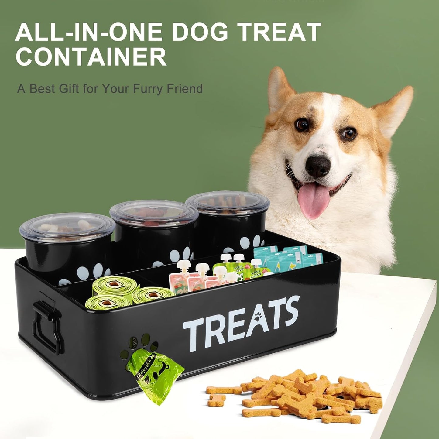 28oz Metal Dog Treat Container Set of 3,Dog Treat Jars with Airtight Lids,Cat Treat Jar,Dog Treat Canister for Countertop,Coated Galvanized Steel Dog Treats Station-Black