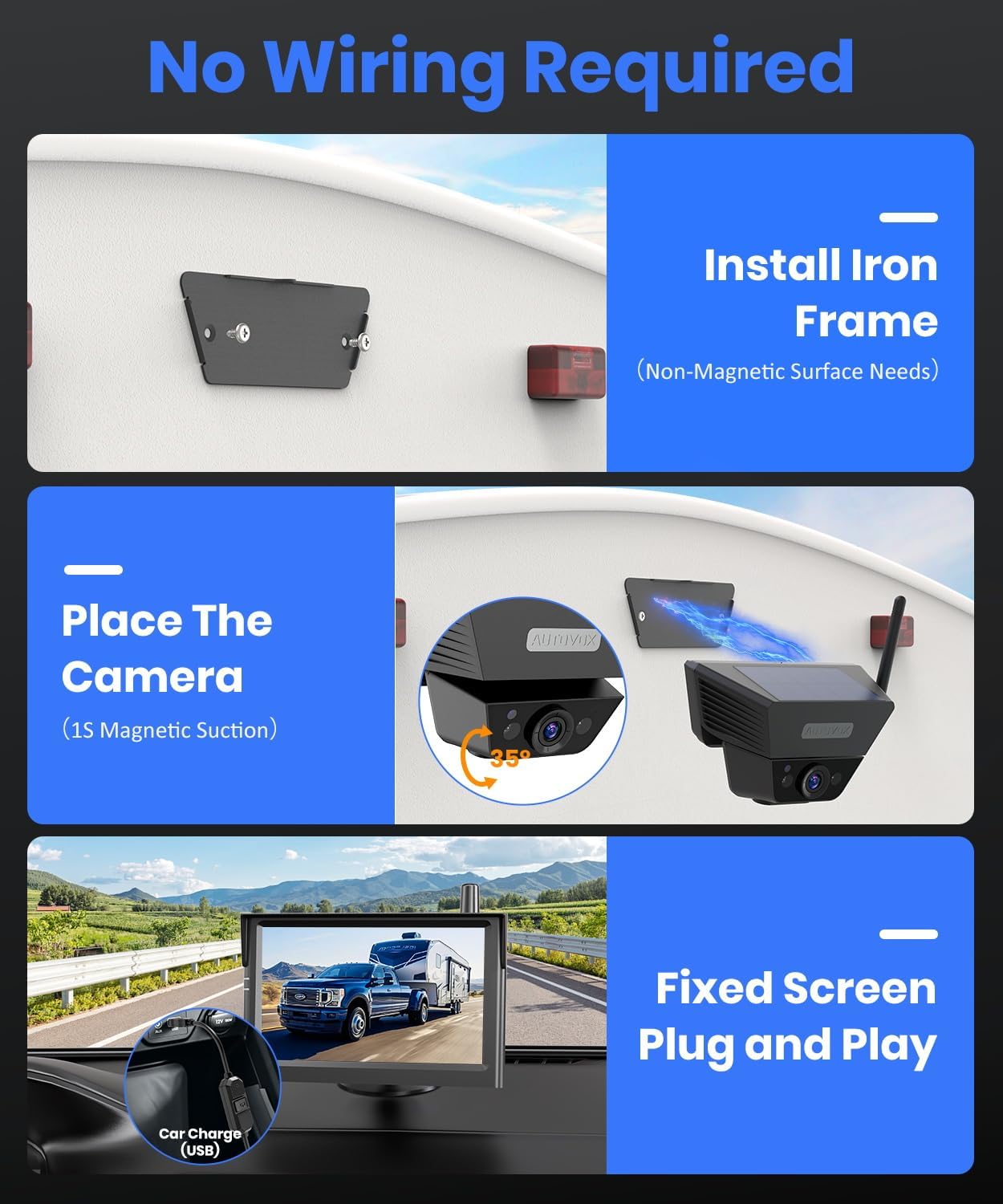 AUTO-VOX Wireless Backup Camera Kit: 5" Monitor, Dual Solar 5A Cams, Bendable Mount – Dual View for RV, Horse/Boat Trailer, Cargo, Campsite & Safe Parking