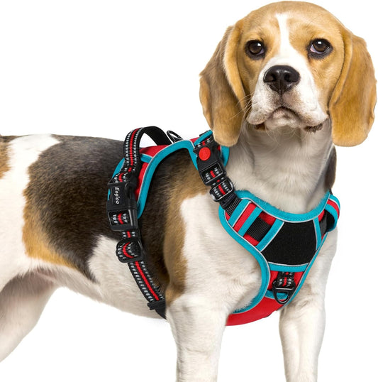 Eagloo Dog Harness Small Sized, Easy Wearing with 3 Buckles, Adjustable No Pull Pet Harness with 2 Rings for Walking, No Chock Reflective Soft Padded Vest with Control Handle, Red & Teal, S