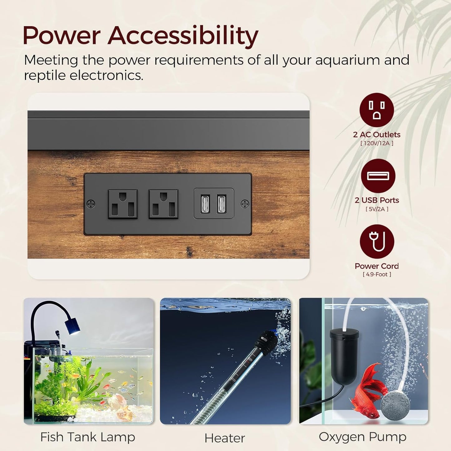 40-50 Gallon Fish Tank Stand, Aquarium Stand with Power Outlet and Storage Cabinet, Heavy Duty Tank Stand Suitable for Turtle Tank, Reptile Terrarium, for Home Office, Rustic Brown FTHR50E01