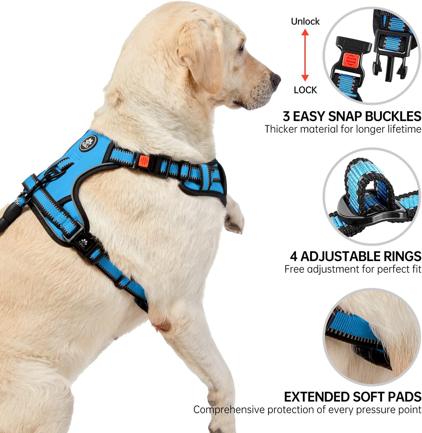 NESTROAD No Pull Dog Harness,Adjustable Oxford Dog Vest Harness with Leash,Reflective No-Choke Pet Harness with Easy Control Soft Handle for Large Dogs(Large,Blue)