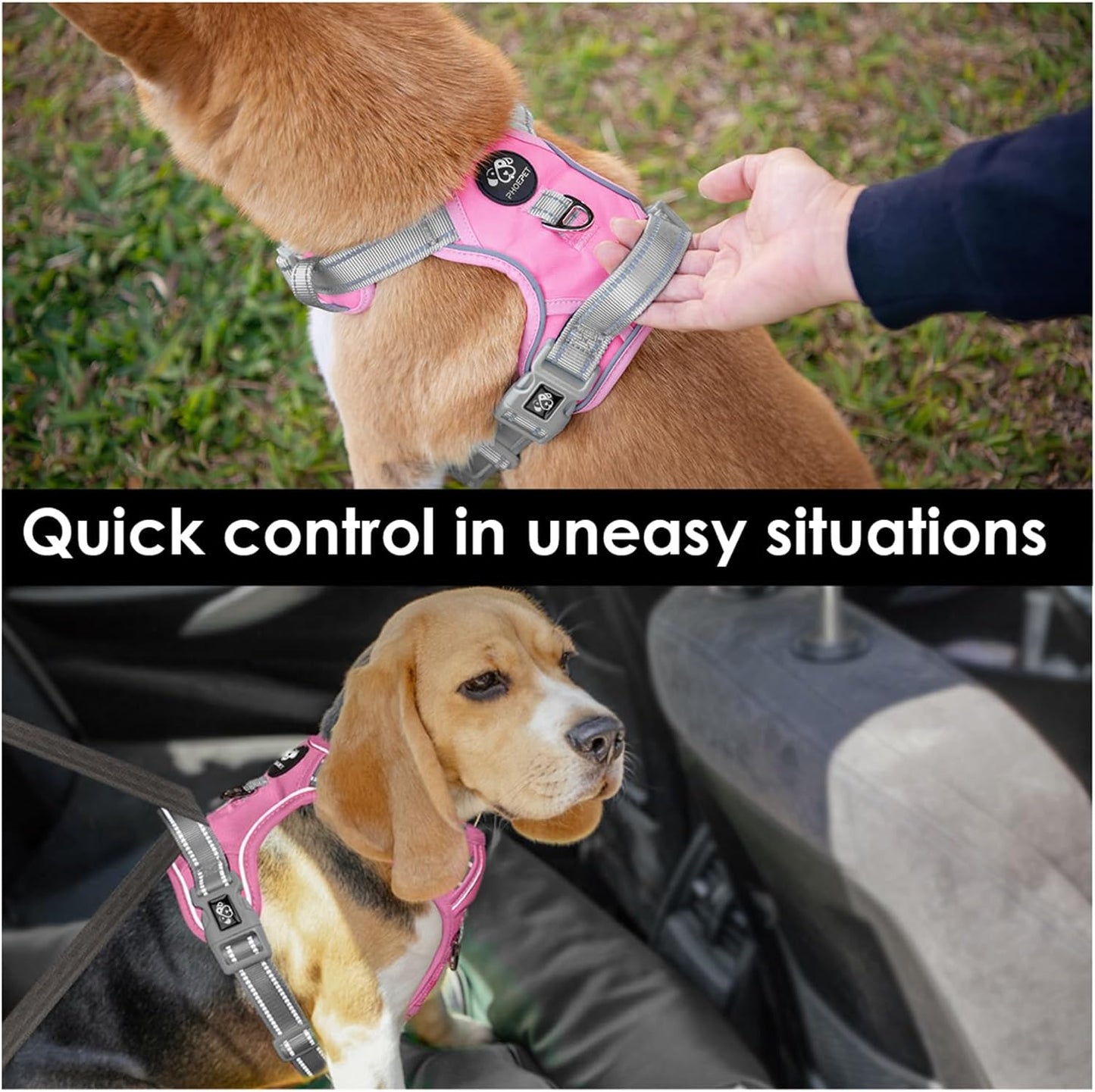 PHOEPET No Pull Dog Harness, Unique Colors Reflective Adjustable Dog Vest, with Soft Training Handle Metal Clips for Small Medium Large Dogs (Baby Pink Base & Grey Straps,L)
