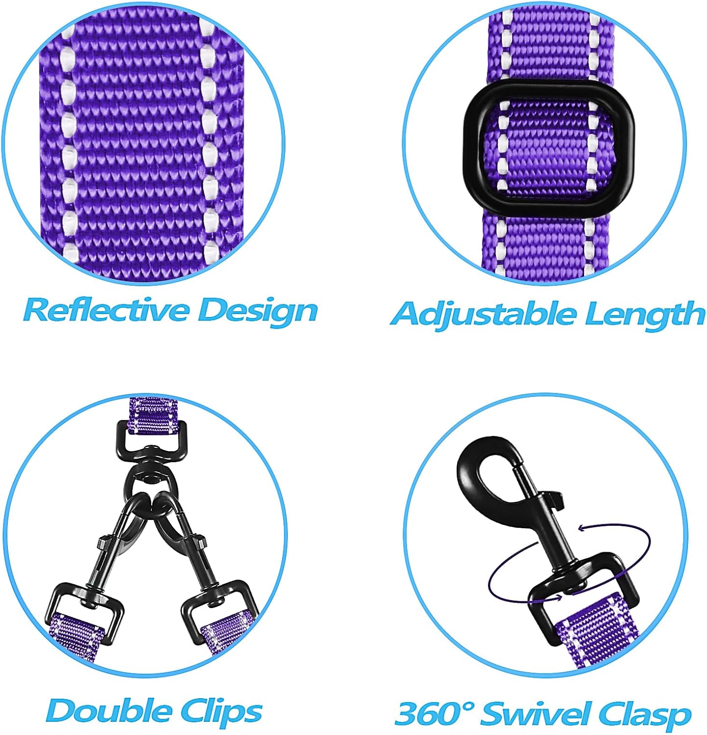 PetBonus Double Dog Leash, No Tangle Dual Leash, Reflective Walking Training Lead, 4 Comfortable Padded Handles for 2 Dogs with Collapsible Bowl and Waste Bags (Purple, Large)