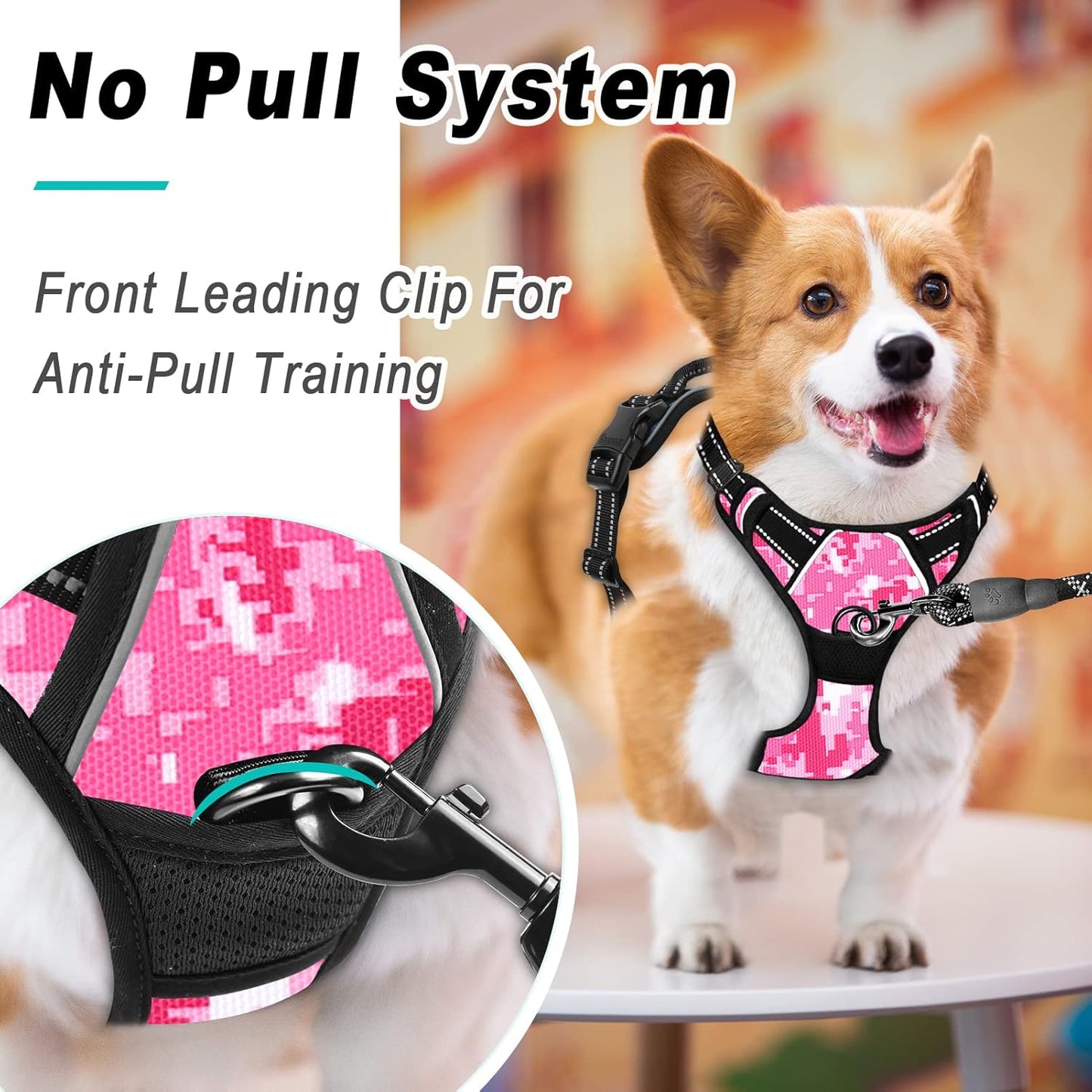 BARKBAY No Pull Dog Harness Large Step in Reflective Dog Harness with Front Clip and Easy Control Handle for Walking Training Running(Pink camo,L)