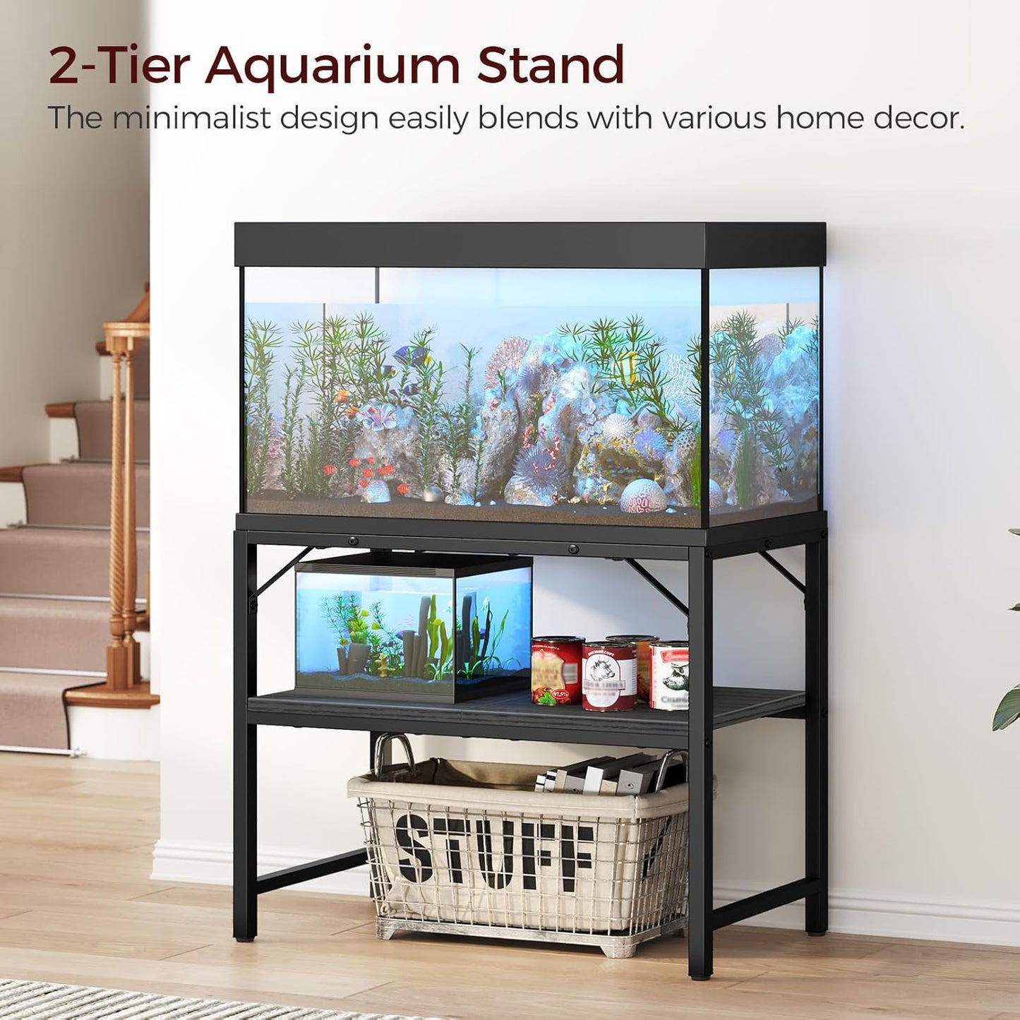 40-50 Gallon Fish Tank Stand, Aquarium Stand with 2-Tier Storage Shelves, Heavy Duty Breeder Turtle Terrarium Stand Rack for Home Office, 36.2" L x 18.9" W x 24.4" H, Black FTBK4001