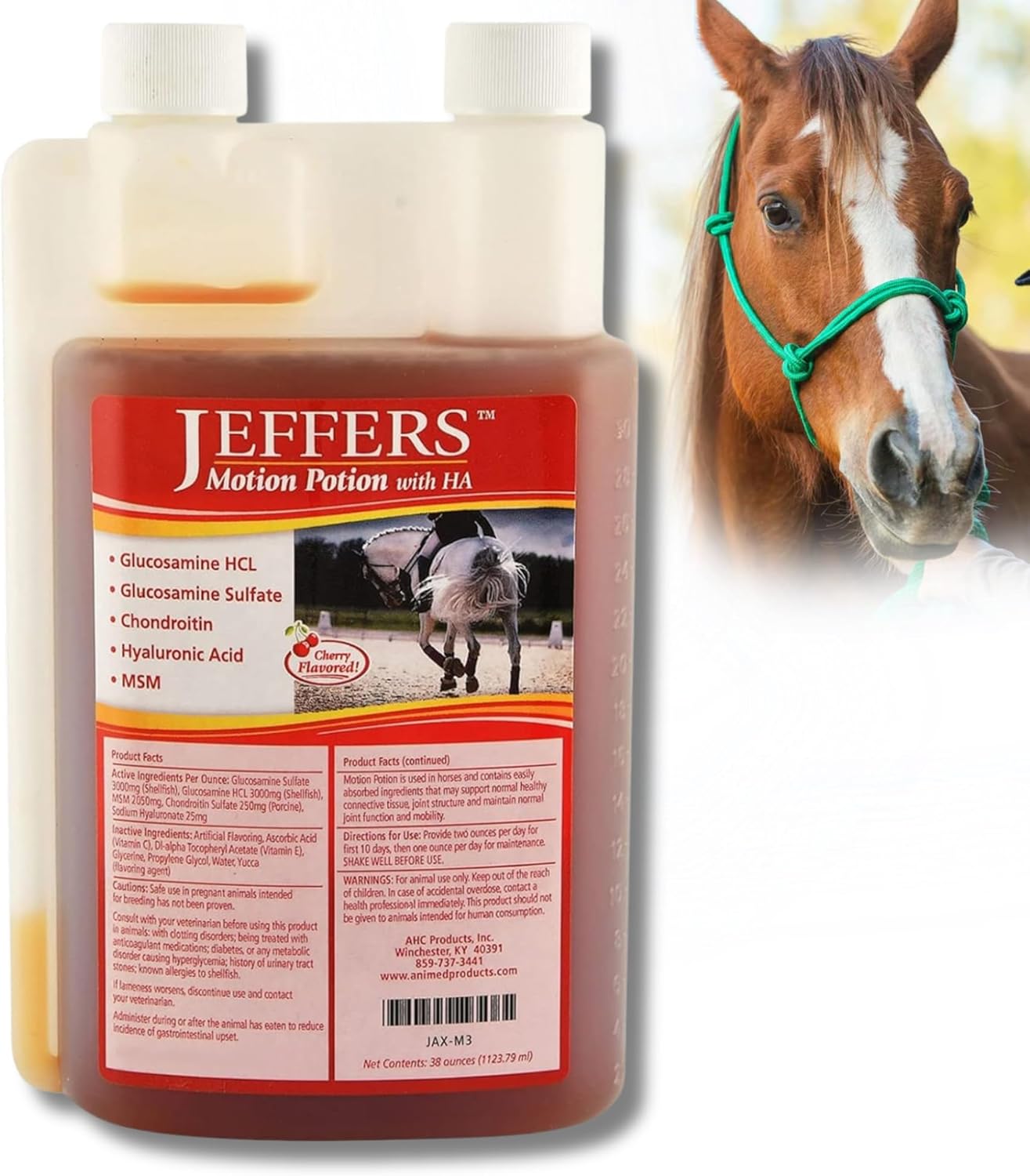 Jeffers Equine Motion Potion Liquid Horse Joint Supplement with HA, Cherry Flavor – Glucosamine, MSM, Chondroitin, Hyaluronic Acid – Mobility Support for Horses – 38 oz Bottle – Up to 38 Servings