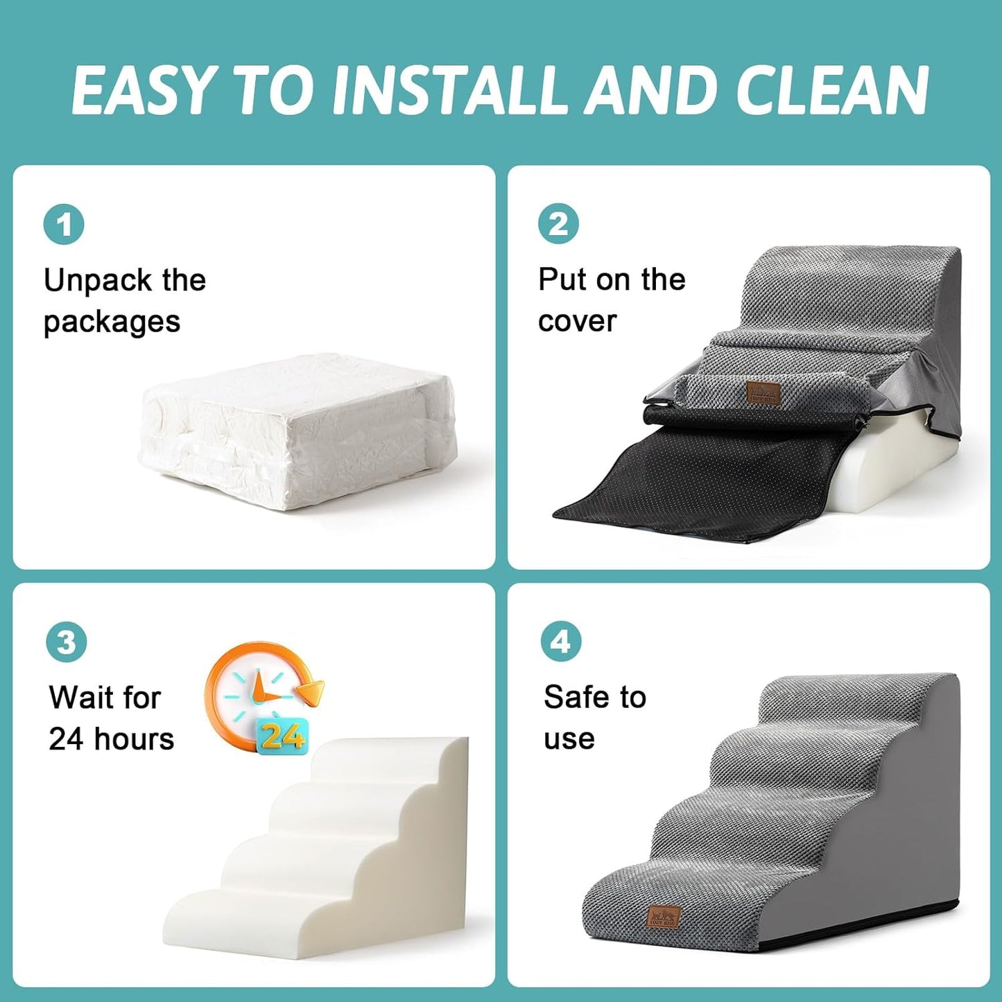 Dog Stairs for Small Dogs 19.7" H, Curved Dog Step for Puppy, Older or Cat, Medium Pet Ramp for Sofa, Couch or Bed, Ladder with High Density Foam, 15.7x28.3x19.7 inch, 4 Step, Grey