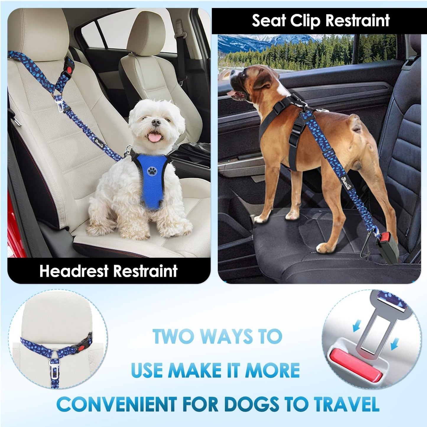 Lukovee Dog Seatbelt Leash for Cars, 2 Pack Pet Safety Car Seat Belt with Adjustable Buckle & Reflective Bungee, Connect Dog Harness in Vehicle Car Dogs Restraint Travel Daily Use (Blue Paw)