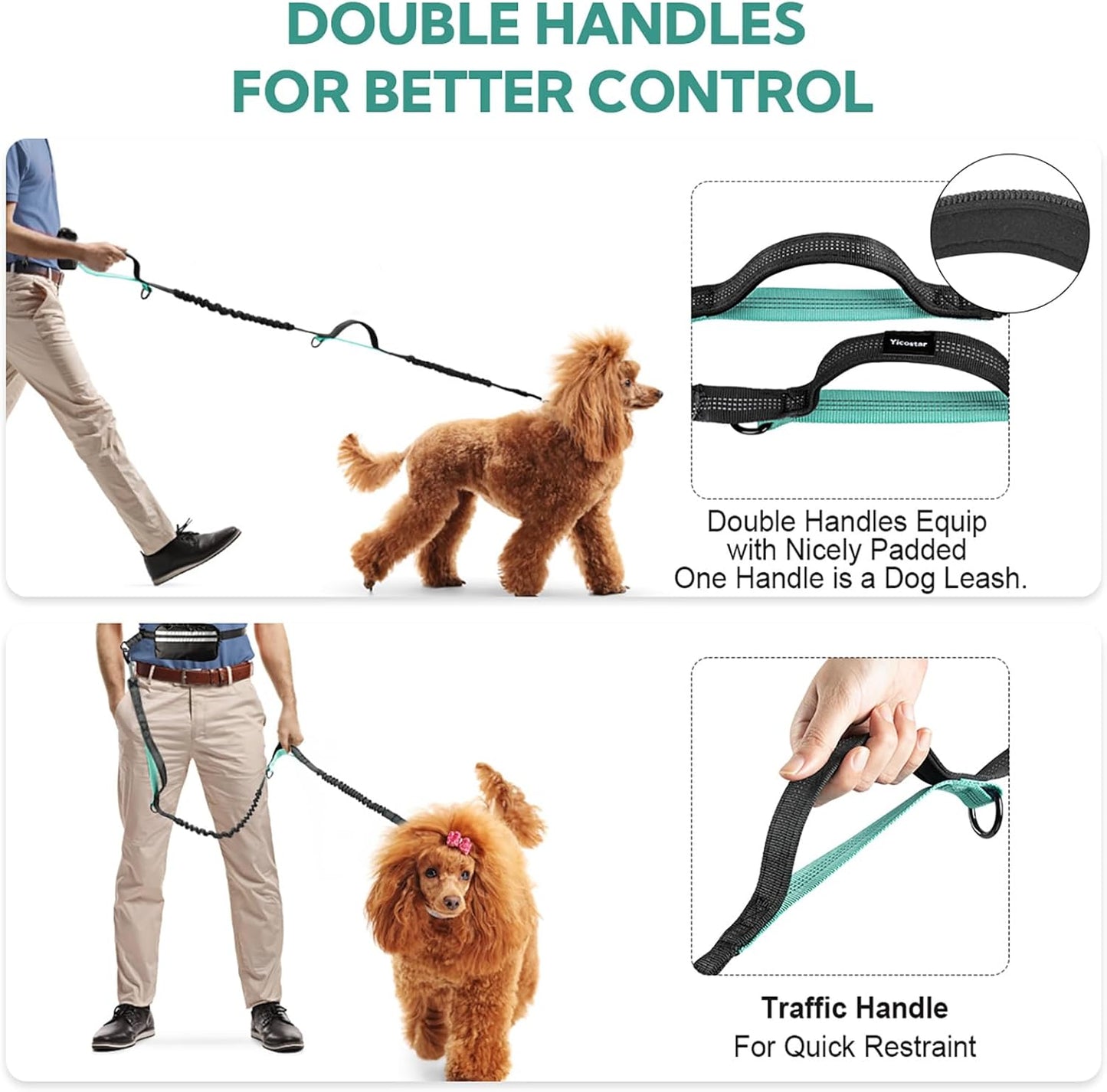 Hands Free Dog Leash with Pouch, Double Leash for Two Dogs, Retractable Bungee with Double Padded Handles, Waist Leash for Dog Walking, Running Leash for Dogs, Dog Walking Accessories