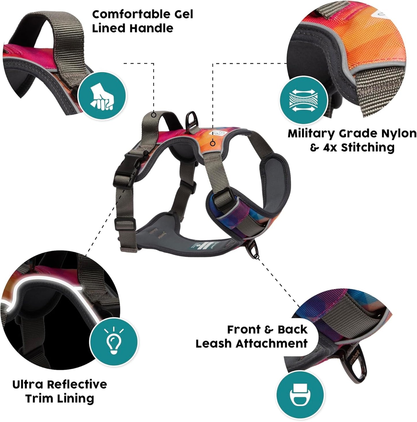 Embark Adventure Dog Harness, No-Pull Reflective Trim Dog Harness for Small, Medium & Large Dogs - Heavy Duty Oxford, 2 Leash Clips & Gel Lined Handle. Soft & Padded Puppy Dog Vest for Any Breed