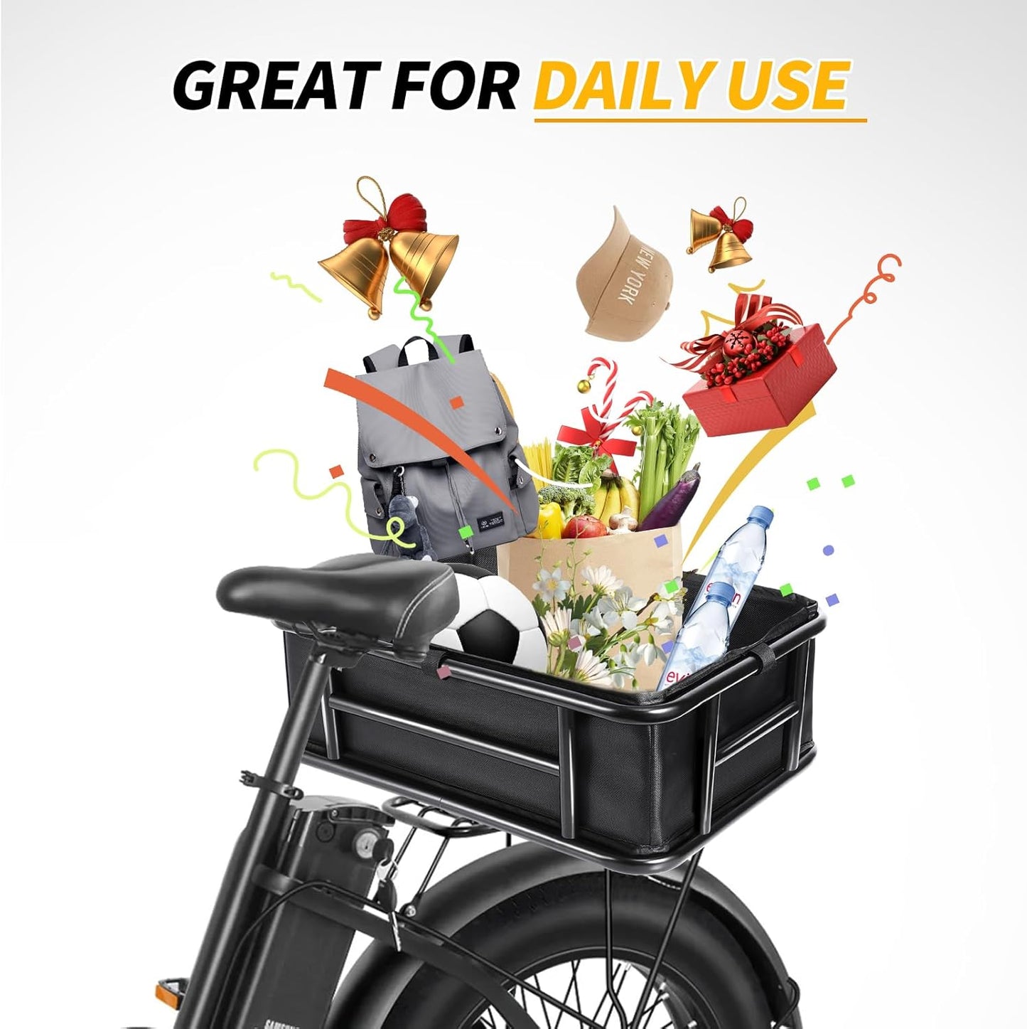 Bike Basket Rear with Liner,Waterproof Cover,Cargo Net Large Rear Bike Basket,Heavy Duty Bicycle Rear Basket for Electric Bike, Ebike,Great for Bike Trip,Carrying Grocery,Ball,Dog