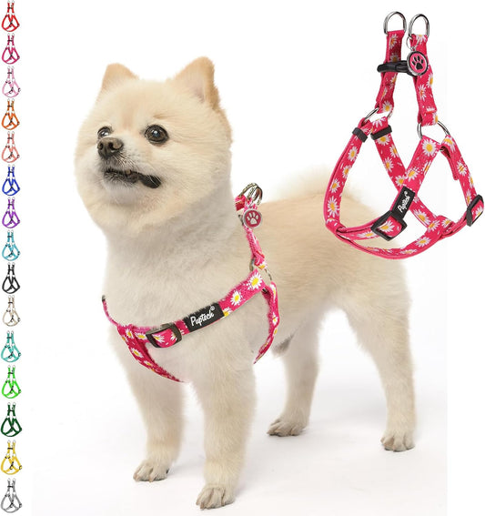PUPTECK No Pull Dog Harness Soft Adjustable Basic Nylon Step in Puppy Vest Outdoor Walking with ID Tag, Fuchsia Daisy, S