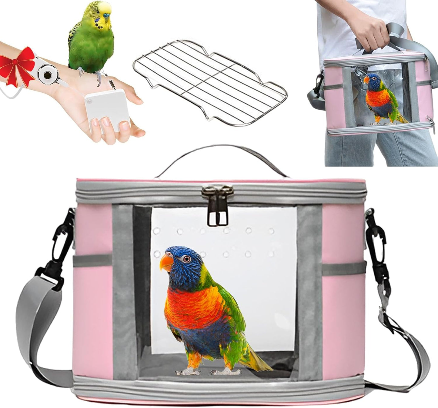 Bird Travel Carrierm, Small Bird Travel Backpack Carrier Cage with Tray and Breathable Clear Window, for Parakeet Cockatiel Budgies, for Camping Hiking (Small-Pink)