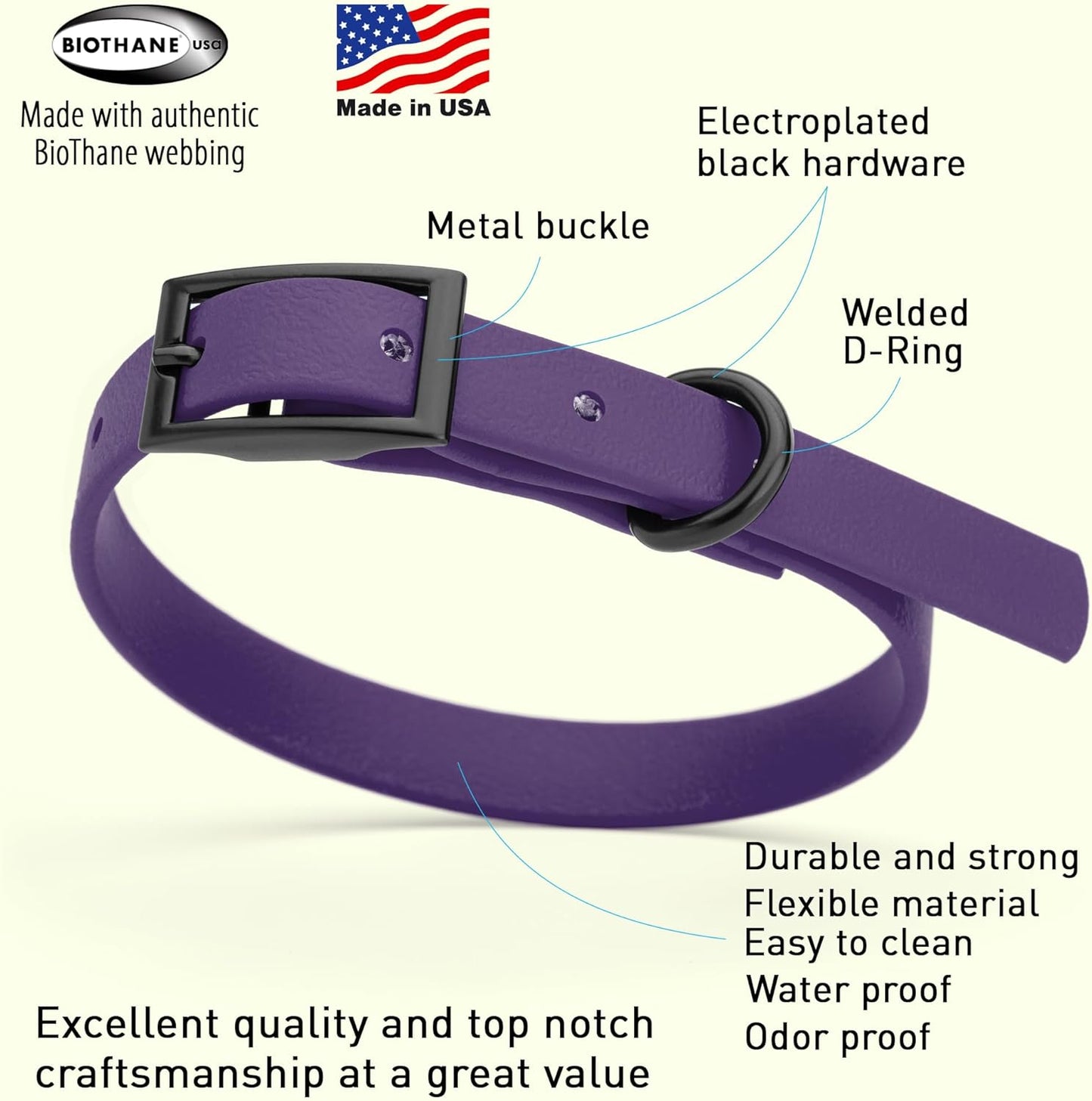 Dogline Biothane Waterproof Dog Collar Strong Coated Nylon Webbing with Black Hardware Odor- Proof for Easy Care Easy to Clean High Performance Fits Small Medium or Large Dogs, Violet Purple