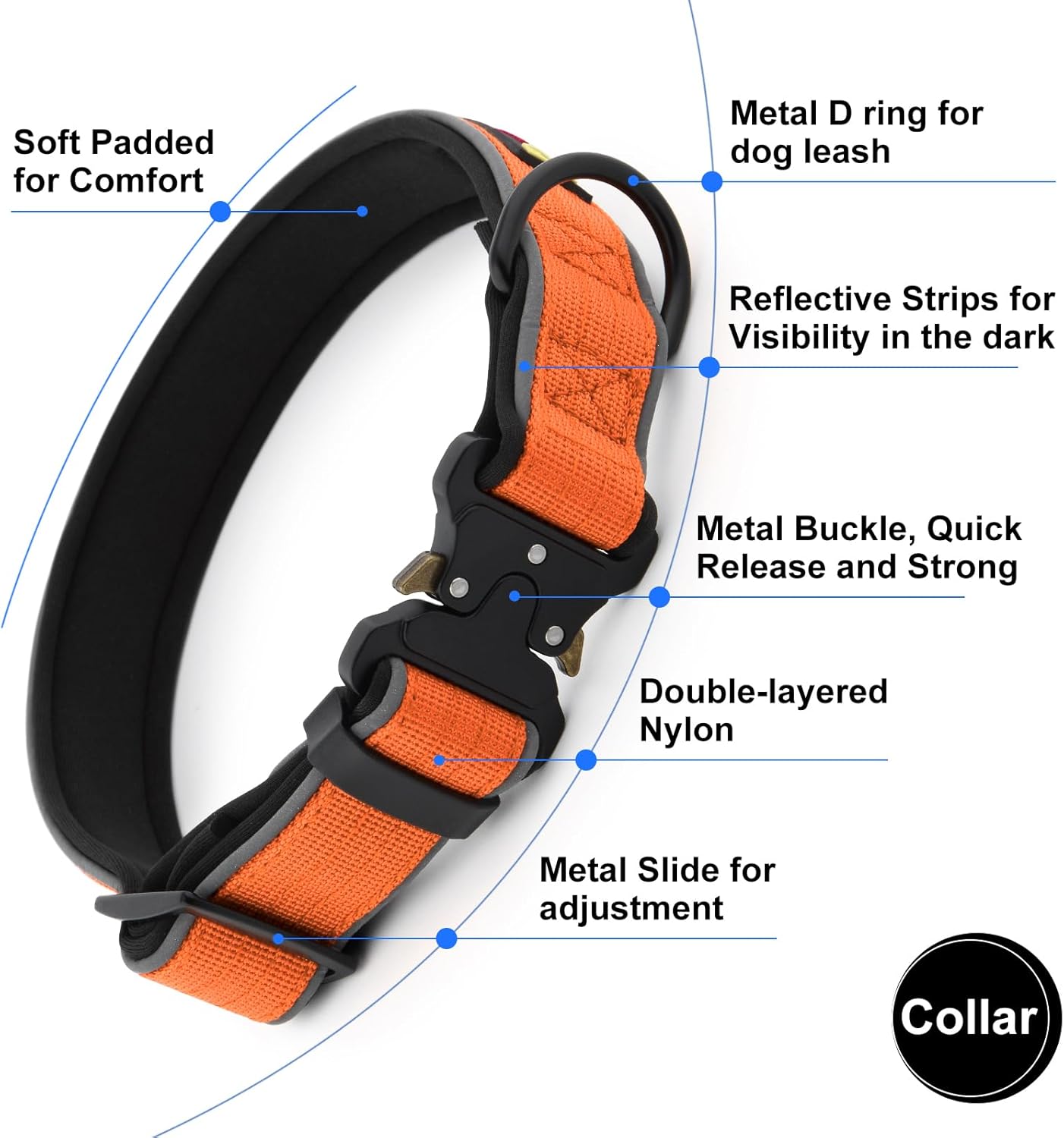 Plutus Pet Tactical Dog Collar, Reflective, Adjustable Heavy Duty Dog Collar, Soft Padded and Comfortable, for Small Medium and Large Dogs (Orange, M)