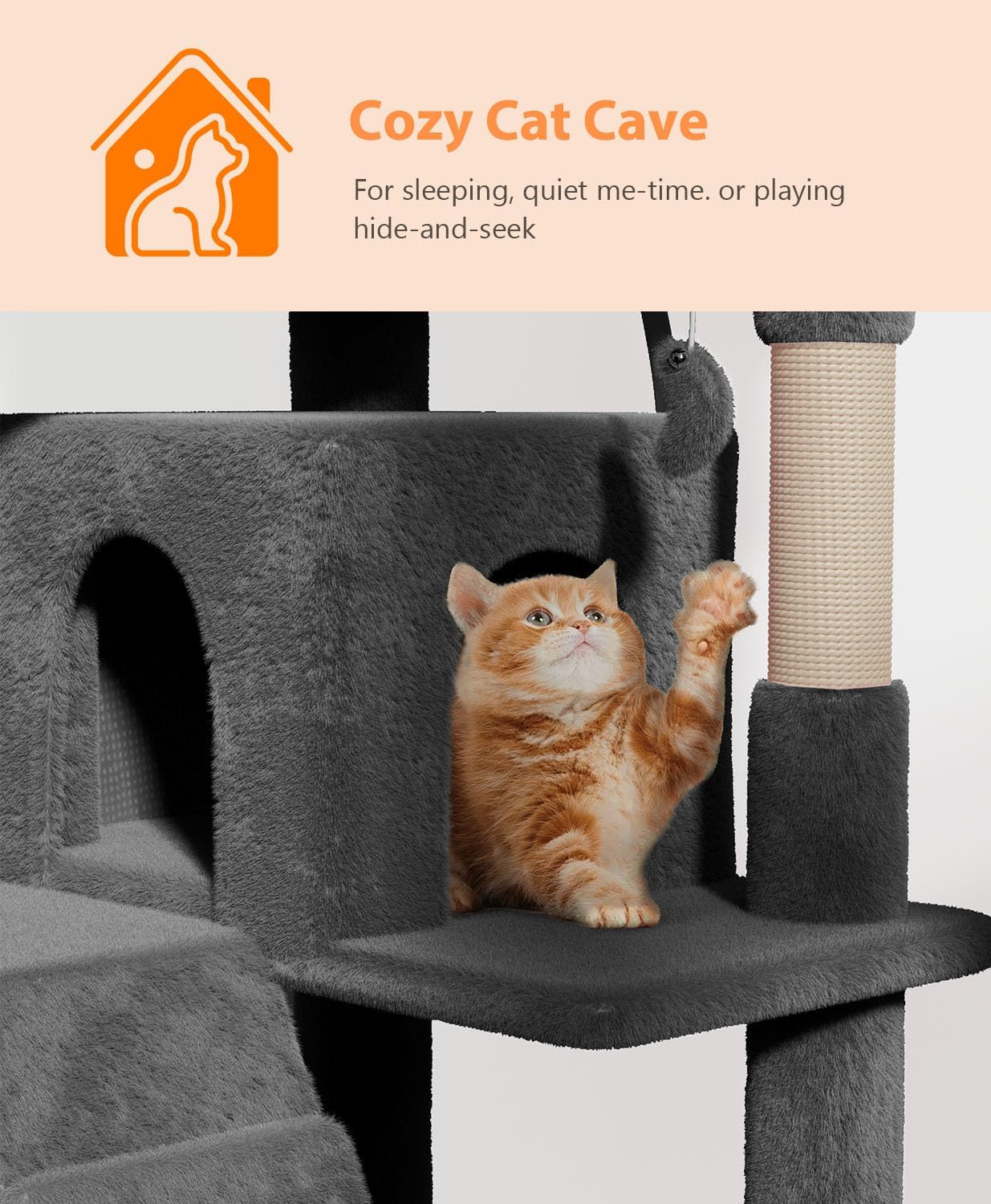 60" Cat Tree Tower for Indoor Cats Large Adult,Cute/Tall Modern Cat Tree for Big Cats 20 lbs, Plush Multi-Level Cat Condo with Scratching Posts,Dangling Ball (Smoky Gray, 60 inch)