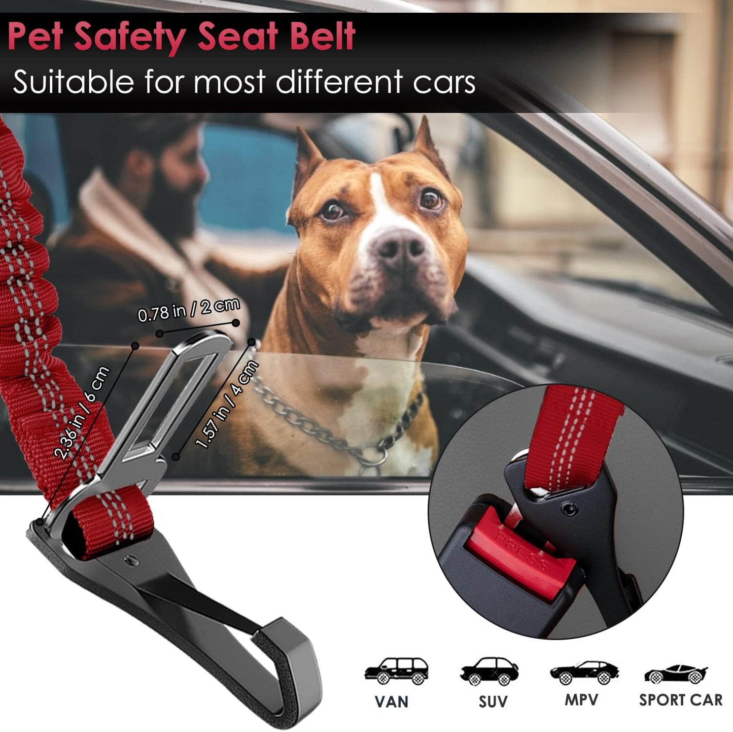SlowTon Dog Seat Belt, Adjustable Dog Safety Belt Leash, 2 in 1 Latch Bar Attachment Dog Car Seatbelt with Elastic Nylon Bungee Buffer, Reflective Nylon Belt Tether(Red 35.5in)