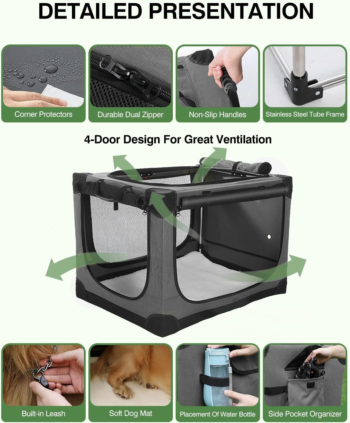 30 Inch Collapsible Travel Dog Crate for Medium Large Dogs, Portable Dog Crate 4-Door Foldable Soft Kennel with Durable Mesh Windows for Indoor & Outdoor Travel, with Storage Bag,Grey