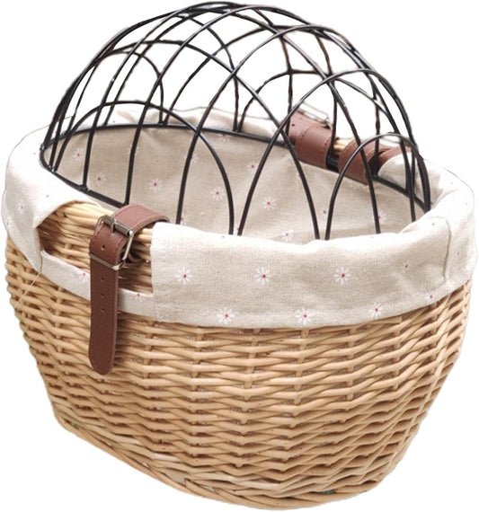 Shiker Basket with Wire Mesh Cover, Wicker Bike Basket for Small Dogs Cats, Front Handlebar Bike Basket, Easy to Detachable, 11.81 x 9.84 inch