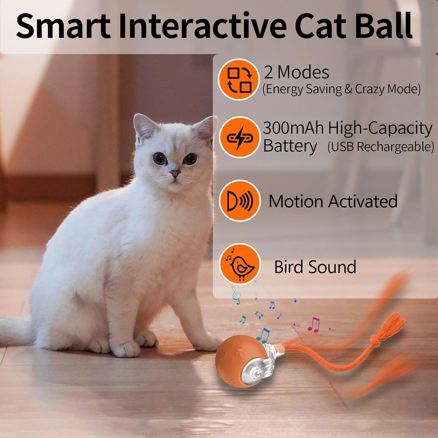 Interactive Cat Toys, Automatic Moving Cat Toys for Bored Indoor Adult Cats, Fast Rolling, Chirping & Motion-Activated Kitty Toys, Fun Gift for Cats with Speedy Tail 2.0, USB Rechargeable, Orange