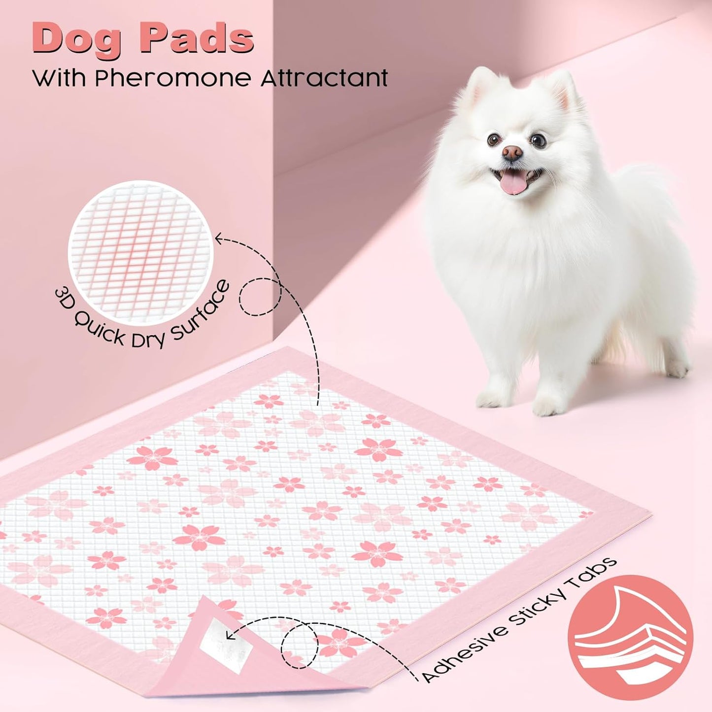 MIZOK Puppy Pads 22"x 22" with Leak-Proof Quick-Dry Design Pee Pads for Dogs Potty Training, 6-Layer Standard Absorbency Dog Pee Pads Regular Size, Pink Cherry Blossom Pattern (100 Counts)