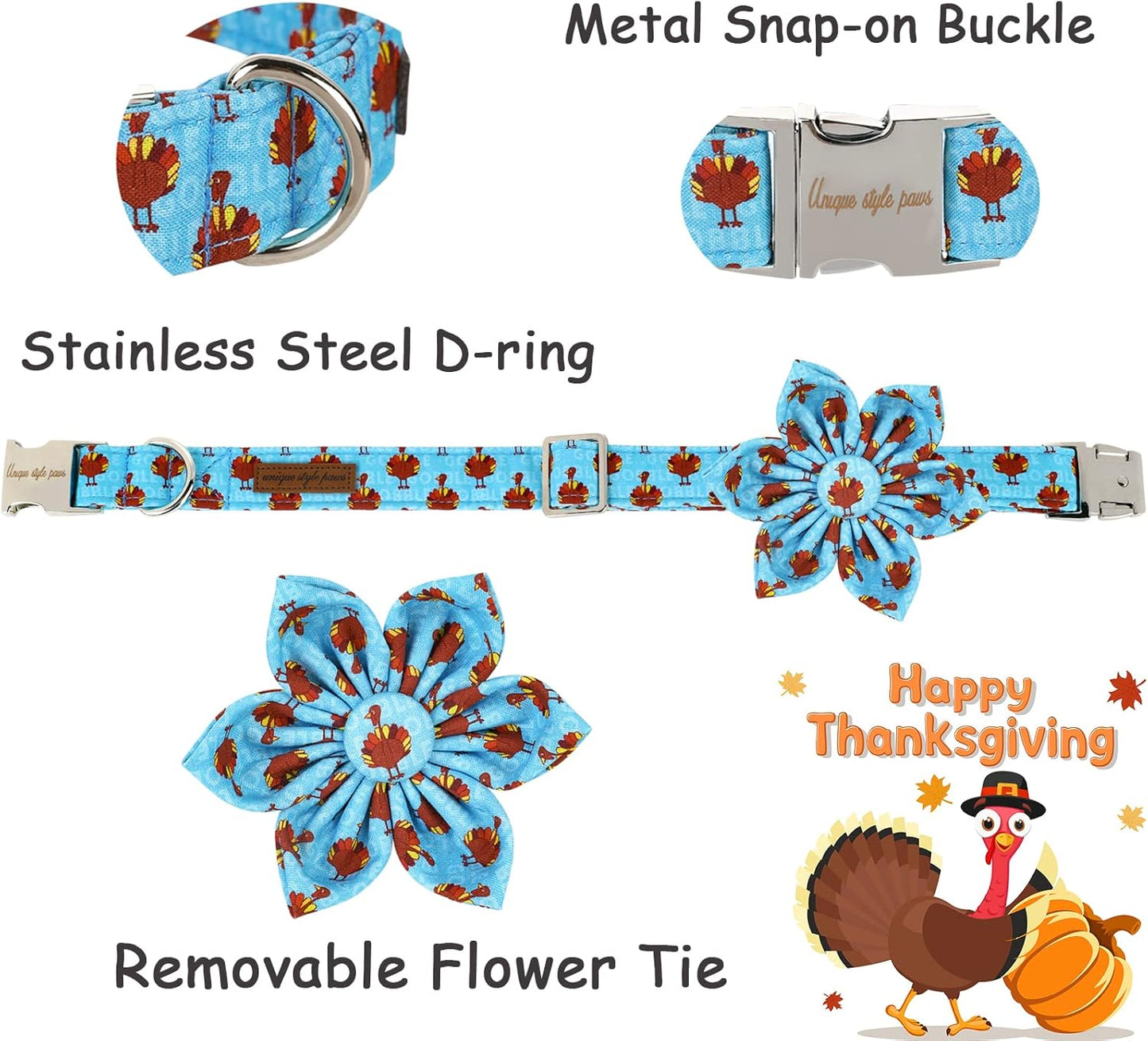 Unique style paws Thanksgiving Dog Collar with Flower Tie Autumn Turkey Theme Puppy Collar for Small Medium Large Dogs-M