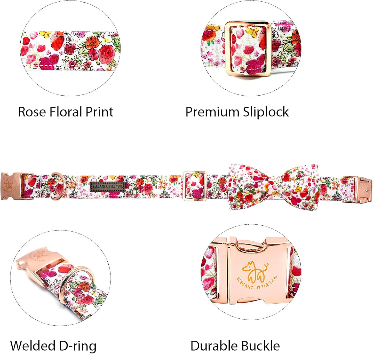 Elegant little tail Dog Collar, Pink Rose Print Pet Collar Summer Dog Collar Durable Metal Buckle Dog Collars Cotton Pet Adjustable Dog Collars for X-Small Dogs