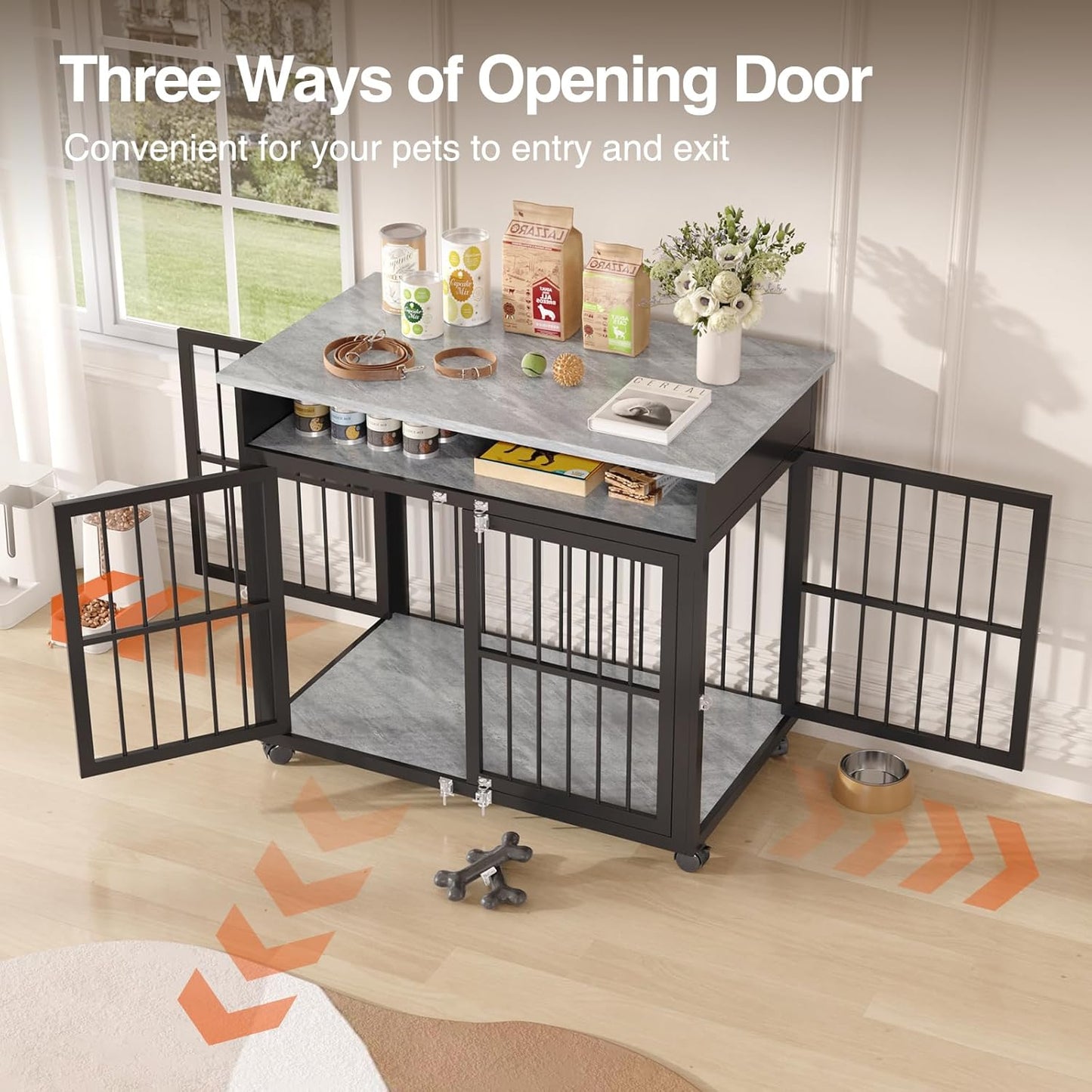 39.4" Dog Crate Furniture for Medium and Large Breed, Dog Kennel Furniture with Storage Shelf & Lockable Wheels, Heavy Duty Wooden End Side Table Pet Cage Indoor, Chew-Resistant, Grey