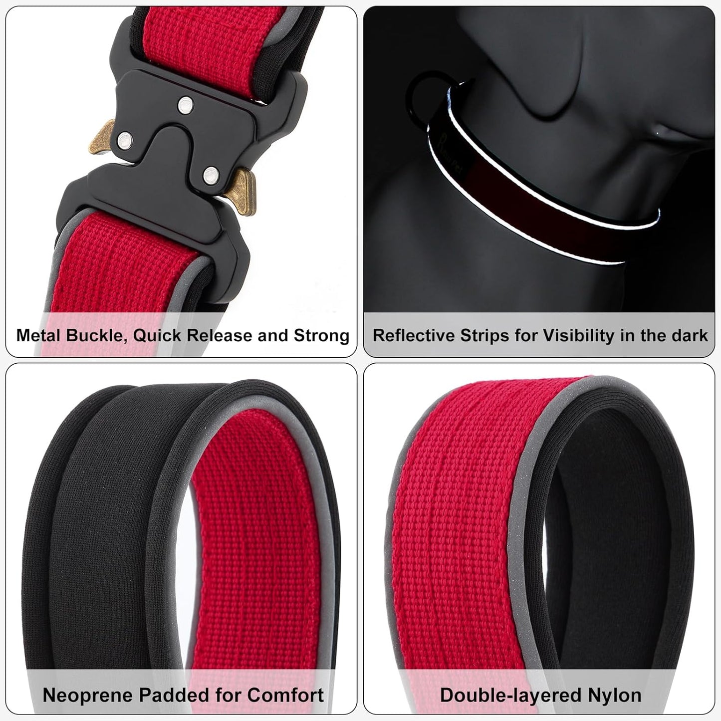 Plutus Pet Tactical Dog Collar, Reflective, Adjustable Heavy Duty Dog Collar, Soft Padded and Comfortable, for Small Medium and Large Dogs (Red, XS)