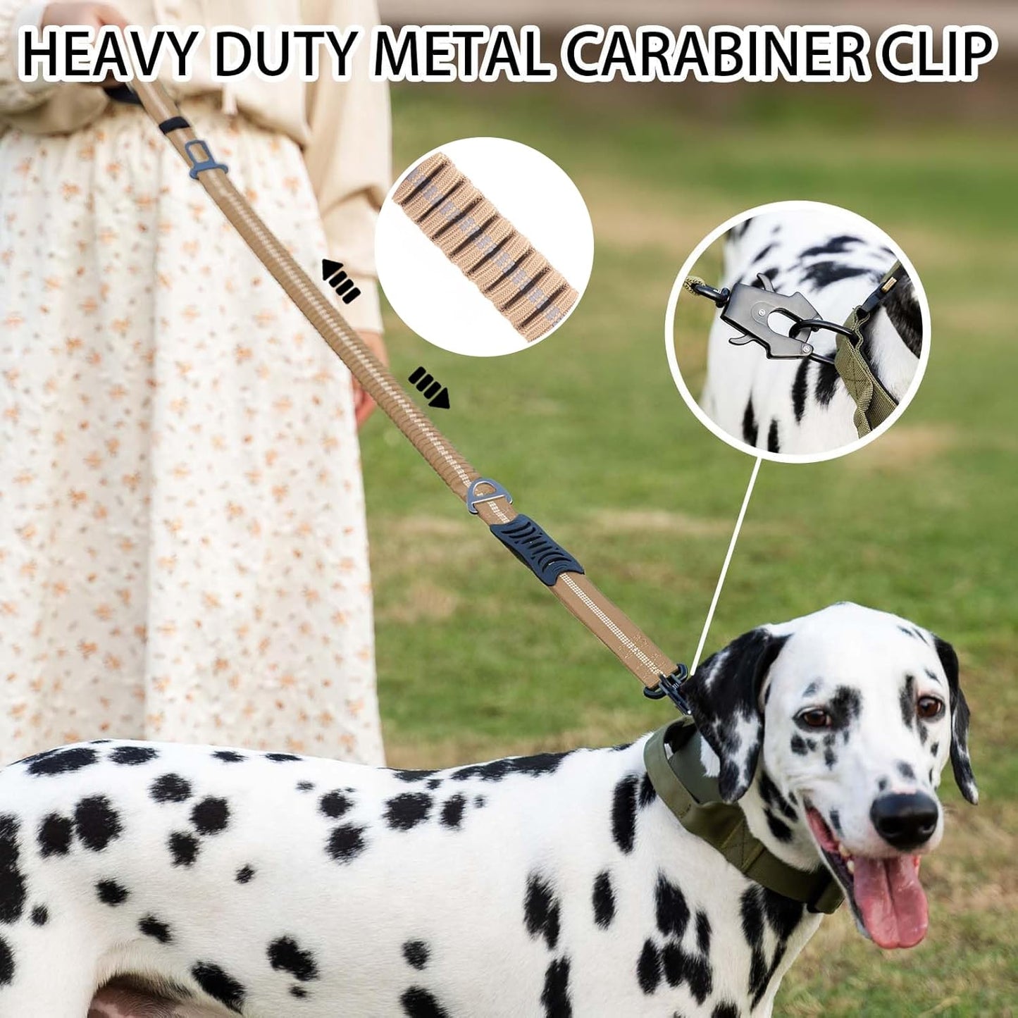 Heavy Duty Tactical Bungee Dog Leash, 4-6FT Shock Absorbing Tactical Leash with 2 Padded Handles, Metal Carabiner Clip,Car Seatbelt, Reflective Dog Leashes for Medium Large Dogs (Brown)