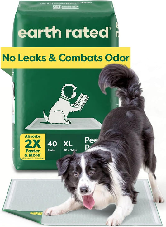 Earth Rated Max Absorbency Puppy Pee Pads for Dogs Absorbs 2X Faster & 2X More, Leak-Proof Odor-Free Potty Training Wee Wee Pad, Unscented, XL, 28” x 34”, 40 Count