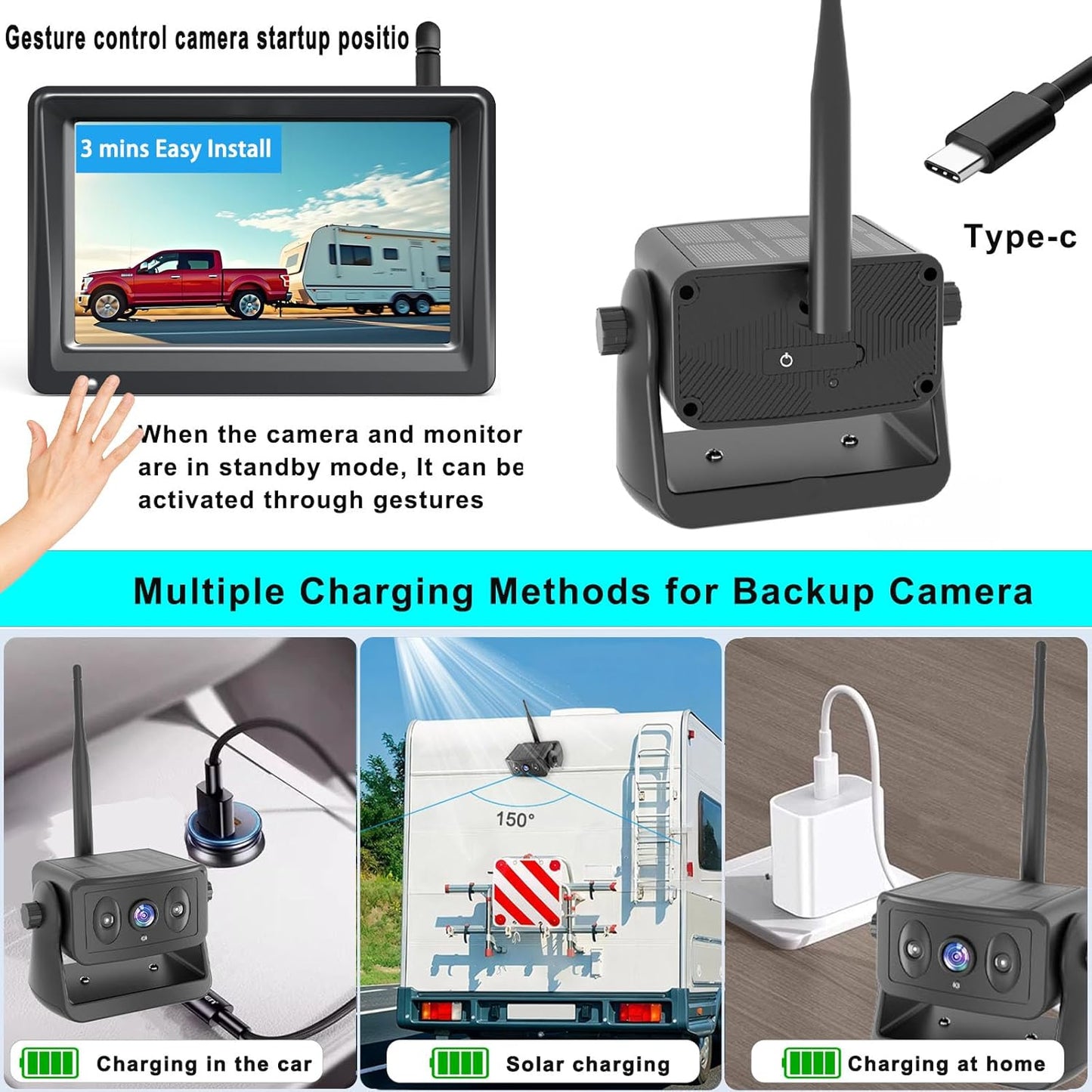 Wireless Backup Camera for Trucks & RVs, Solar - Powered - Magnetic, Portable, No - Drill, No - Wire Easy Install, Night Vision, Rechargeable with 5" HD Monitor systems for Car, Camper, Trailer