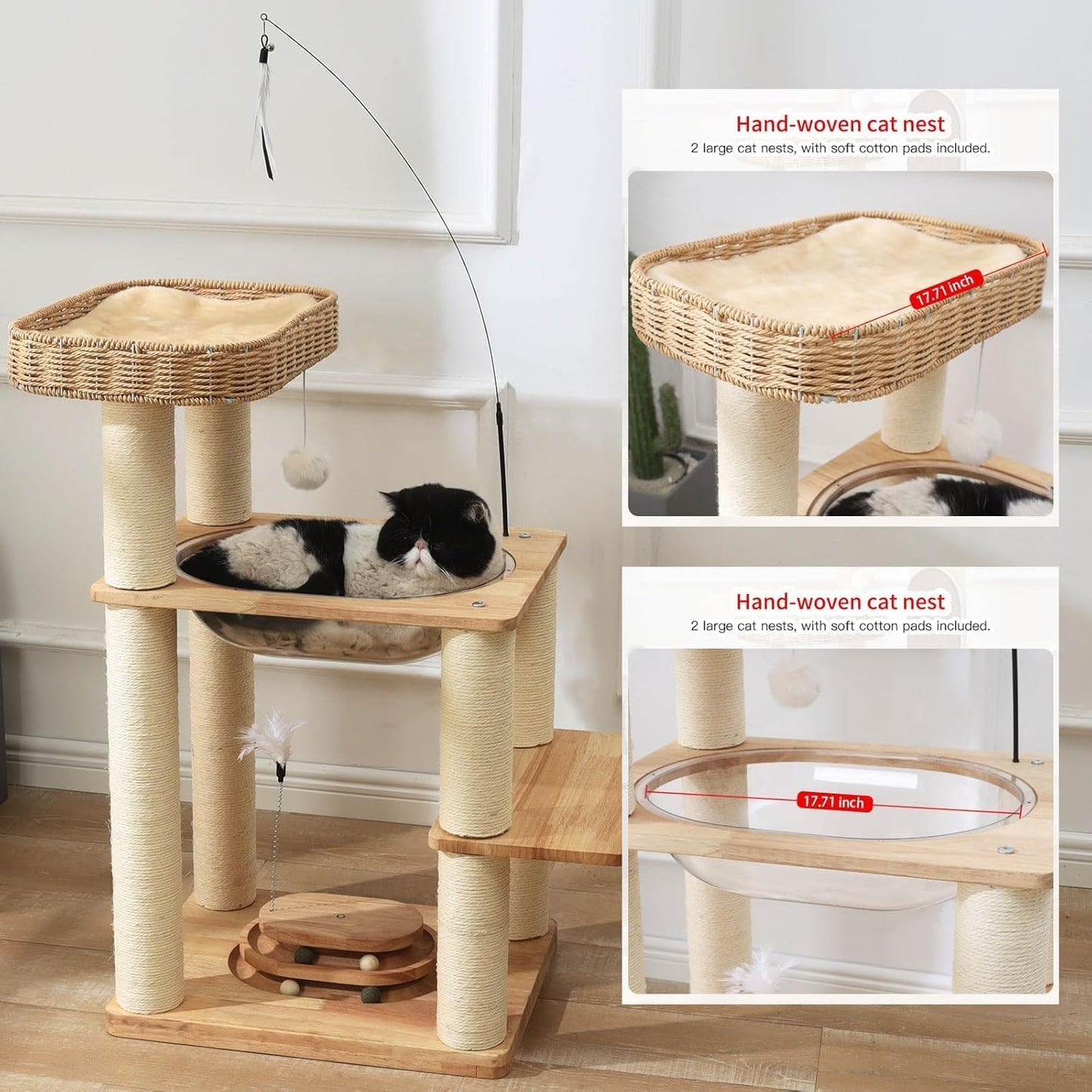 34 Inch Solid Wood Cat Tree Tower with Space Capsule, Hand-Woven Basket Nest, Feather Toy, Hanging Balls, Sisal Posts, 4-Tier Indoor Climbing Cat Tower for Kittens
