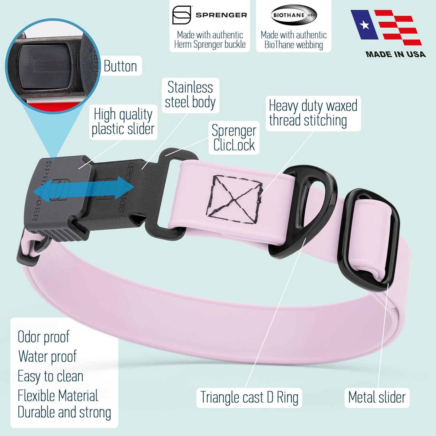 Dogline Biothane Waterproof Dog Collar with Herm Sprenger Black Stainless Steel Quick Release Buckle – Heavy Duty Tactical Durable Collar for Dogs – Comfortable and Safe Pet Collar, W 3/4" L 12-19"