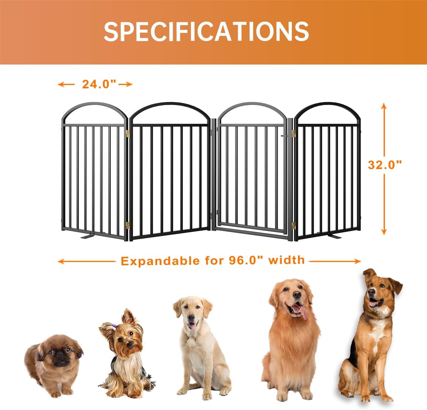 4 Panles Full Matel Freestanding Dog Gates with Door, 96"Extra Wide 32"Tall Free Standing Dog Pet Gate for Indoor & Outdoor. Foldable Pet Fences for Doorways, House, Stairs, Porch, Deck, Yard