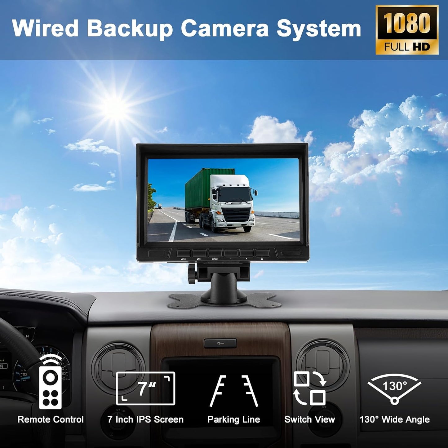 Wired AHD Backup Camera System, IP69 Metal Camera, Night Vision, 7" 1080P Monitor Kit with 15M Extension Cable and Remote Control for Trucks Buses Vans Trucks Trailers RVs Campers