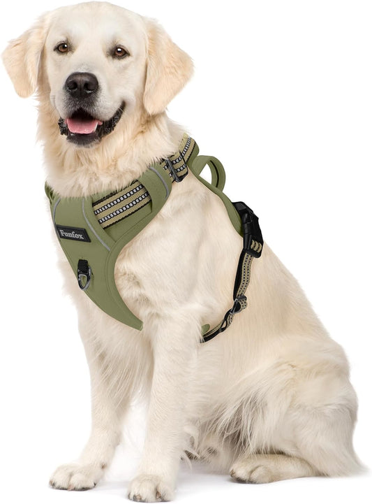 Funfox Dog Harness No Pull, Adjustable Pet Vest Harness, Super Soft Material with Vertical Handle Easy Control, Reflective Night Walking, 2 Leash Clips for Medium Sized Dogs, Army Green, M
