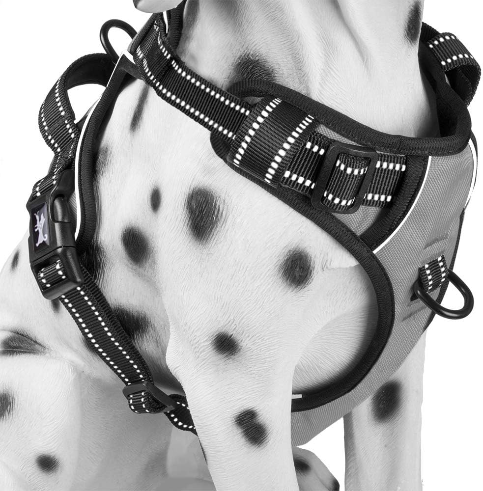 PoyPet No Pull Dog Harness, Reflective Comfortable Vest Harness with Front & Back 2 Leash Attachments and Easy Control Handle Adjustable Soft Padded Pet Vest for Small to Large Dogs (Gray,S)