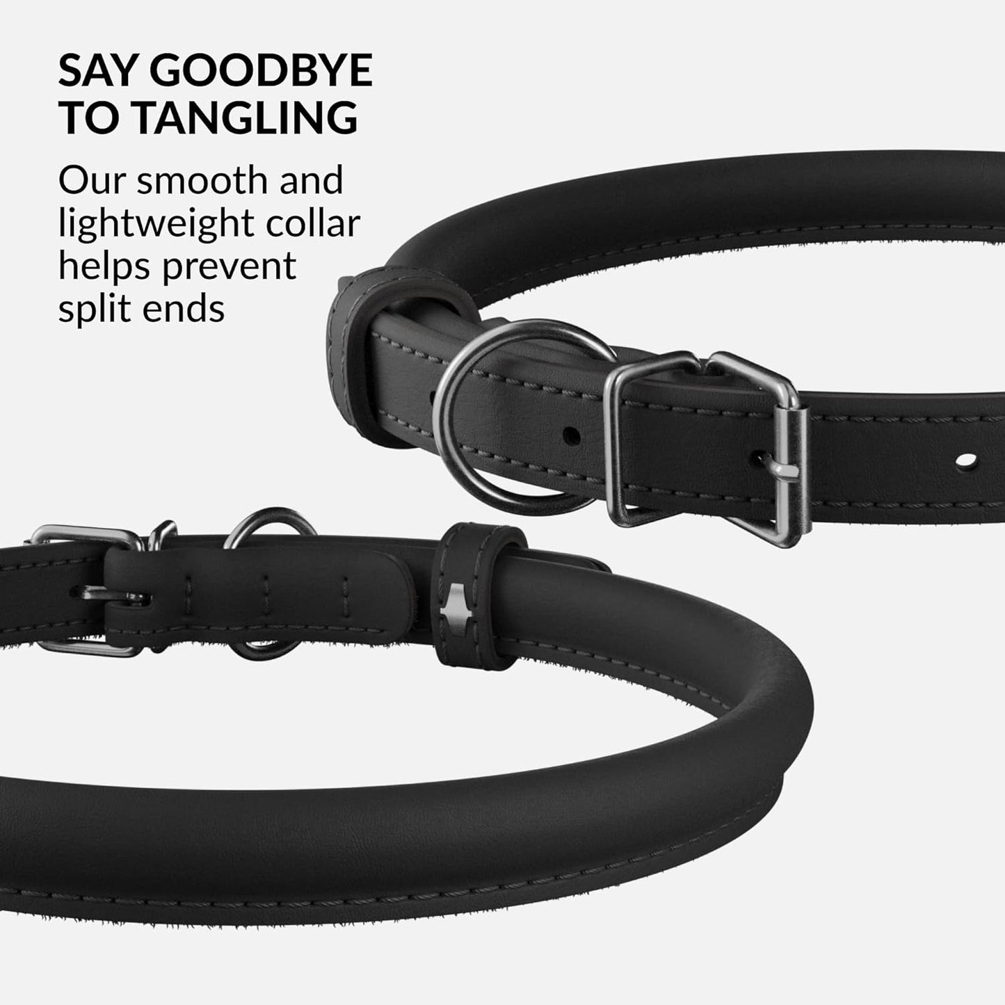 CollarDirect Rolled Leather Dog Collar, Soft Padded Round Puppy Collar, Handmade Genuine Leather Collar Dog Small Large Cat Collars 13 Colors (8-11 Inch, Black Smooth)